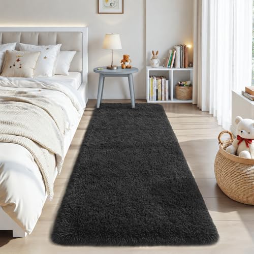 Zentavio Runner Rugs for Hallway 2x6 Shag Soft Bedroom Bedside Rugs Non Slip Fluffy Carpet for Kids Girls Boys Home Decor Aesthetic Dorm Nursery Black - color: Black, size: 2' x 6' (Runner)