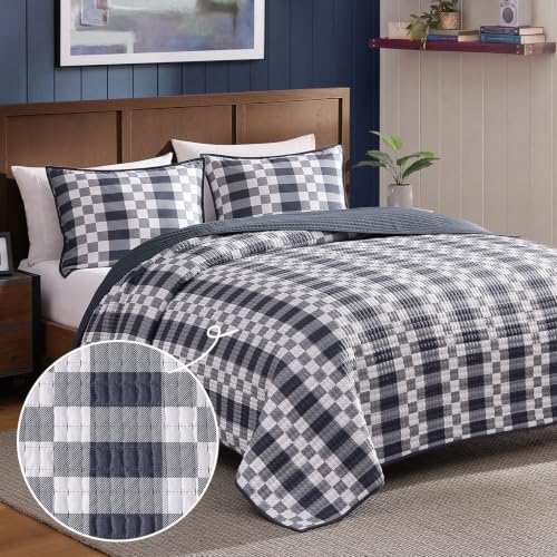 King Quilt-Lightweight Bedspread Plaid Quilt King Size Quilt Bedding Set | Navy Reversible Neutral Coverlet with 2 Shams for All Seasons, Suitable for Bed, Couch, 3 Pieces, 106"x94" - color: Blue Grey Plaid, size: King