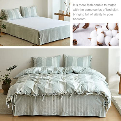 BISELINA Striped Duvet Cover Set 3pcs 100% Washed Cotton Linen Like Textured with Bowknot Bow Ties Strap Reversible Breathable Soft Comfy Chic Yarn Dyed Bedding (King, Grayish Green) - color: Grayish Green, size: King