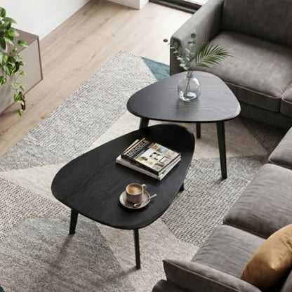 Nesting Coffee Table Set of 2-Mid Century Modern Coffee Table | Guitar Pick Stacking Tables with Solid Wood Legs,Small Coffee Tables for Small spaces,Living Room,Balcony - color: Black