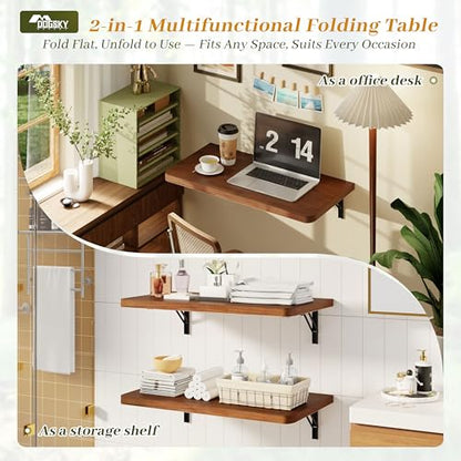 Dogsky 24" x 14" Floating Wall Desk, Fold Down Wall Table - 100 lbs Heavy Duty Solid Pine Wall Mount Folding Desk for Home Office, Laundry Room, Kitchen & Small Apartment, Walnut - color: Walnut, size: 24'' x 13.7'' x 6.3''