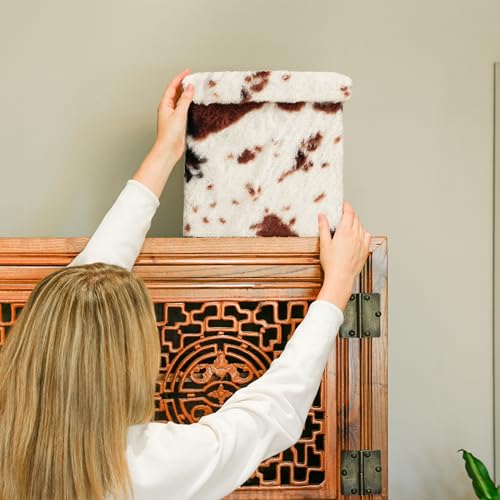 Luxe Faux Fur Storage Ottoman, Cowhide Brown/White, 12 x 12 x 12 in | Engineered Wood, Tool-Free Assembly, Modern Style, Seat And Footrest - color: Cowhide Brown/White, size: 12"D x 12"W x 12"H