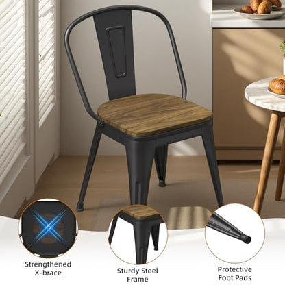 18 Inch Dining Chairs Set of 4, Farmhouse Metal Chairs with High Back and Wooden Seat, Stackable Industrial Bar stools for Dining Room(Black) - color: Black