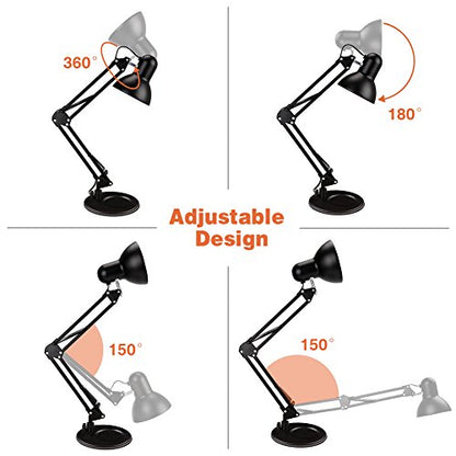 PowerKing Metal Swing Arm Desk Lamps, Adjustable Architect Lamp, Black | Metal Material, Adjustable & Flexible, Fits E26 E27 Bulbs, 2-in-1 Design, Eye-Caring Reading Light, for Home & Office - color: Black