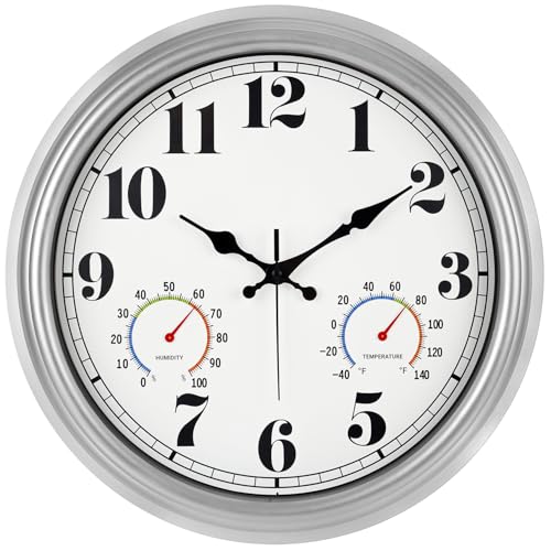 JENLYSTIME 16 Inch Silver Vintage Waterproof Indoor/Outdoor wall Clock with Thermometer & Hygrometer, Large Numerals & Silent Sweep Movement - Ideal for Porch, Garden, Pool - color: 16 Silver