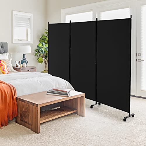 GOFLAME 3 Panel Folding Room Divider, 6FT Rolling Privacy Screen with Lockable Wheels, Portable Room Partition Screen, Freestanding Wall Divider and Separator for Home Office, Black - color: Black, size: 3-Panel