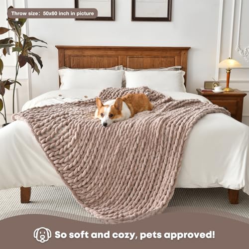 Soft Chunky Knit Blanket, 50X60 in Handmade Thick Chenille Yarn Throw Without Shedding & Raveling, Aesthetic & Cozy Home Decor with Couch Sofa Bed, Gift Pack, Choffee Brown - color: Choffee Brown, size: 50x60 inches