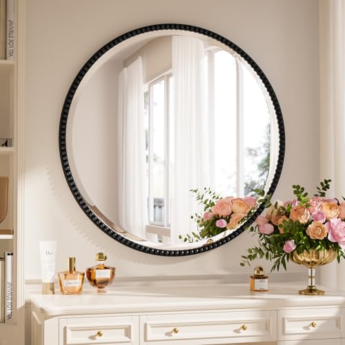 28'' Round Mirror, Beaded Circle Decorative Wall Mirror, Black | Luxurious Retro Round Bathroom Mirror with PU Frame Hanging Leaning as Art Decor for Entryway, Bedroom, Living Room, Hallway - color: Black, size: 28"L x 28"W