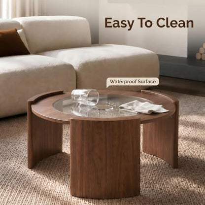 KEIKI Mid-Century Modern Round Coffee Table, 31.5" Wood & Tempered Glass Center Table, Circular Cocktail Table w/Thick Curved Legs, Raised Edge Design for Living Room, Apartment, Walnut Transparent - color: Walnut Transparent