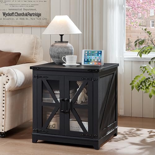 Joaxswe Farmhouse End Table Set 2 for Living Room, Charger Station | USB Ports, Glass Barn Door, Solid Wood Legs, 24" Large Sofa Side Table, Adjustable Shelf, Black Square Table for Bedroom - color: Black, size: Set 2
