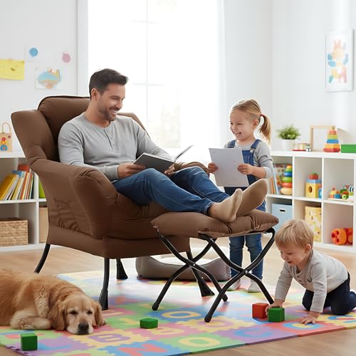 Welnow Lazy Chair with Ottoman, Reading Chair with Footrest,Dark Brown | A Side Pocket,Armrests,Foldable Footrest,Thick Cushioned Seat & Backrest, Lounge Chair for Bedroom,Living Room & Small Space - color: Dark Brown