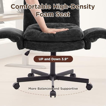 FiveWillowise Cross Legged Office Chair with Flip-up Arms&Low Back,Black | Criss Cross Chair With Thicken Wide Seat,Lounge Makeup Vanity Chairs with Side Pockets,Comfy Home Office Desk Chair,Chenille - color: Black