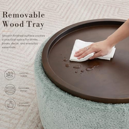 Zihanhome 30" Round Chenille Storage Ottoman Coffee Table with Removable Tray Top, Large Hidden Storage Ottoman, Solid Wood Legs for Living Room, Bedroom, Apartment (Teal) - color: Teal