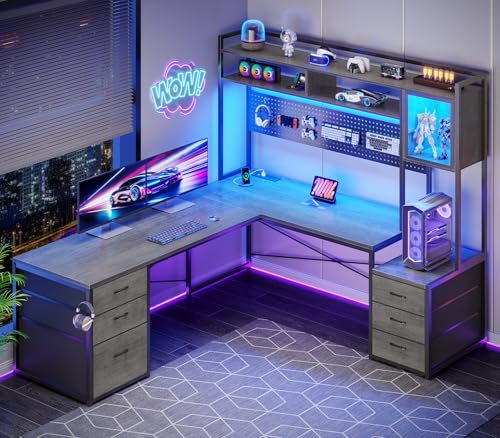 SEDETA Reversible L Shaped Gaming Desk with 6 Drawers, Hutch, Led Lights | Computer Corner Desk with File Drawer, Storage Shelves for Home Office, Gaming Two Person Desk with Power Outlet, Grey - color: Grey