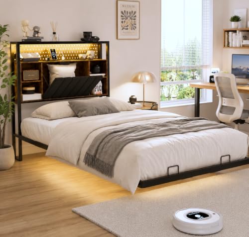 VINGLI Floating Bed Frame Twin Bed with Charging Station and LED Lights,Twin Metal Bed Frame,Cozy Hidden Storage Velvet Upholstered Headboard,No Box Spring Needed,Easy Assembly,Black - color: Industrial Brown, size: Twin