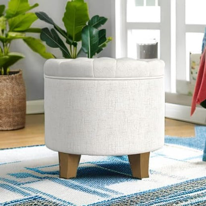 HomePop 19" Button Tufted Round Storage Ottoman - Cream Textured Solid - color: Cream Textured Solid