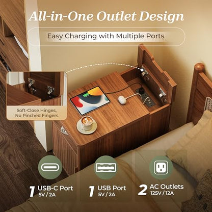 Huuger Narrow End Table with Charging Station, USB-C Port | Fluted Nightstand with Storage Cabinet, Back Rack, Farmhouse Side Table for Small Spaces, Night Stand, Walnut - color: Walnut