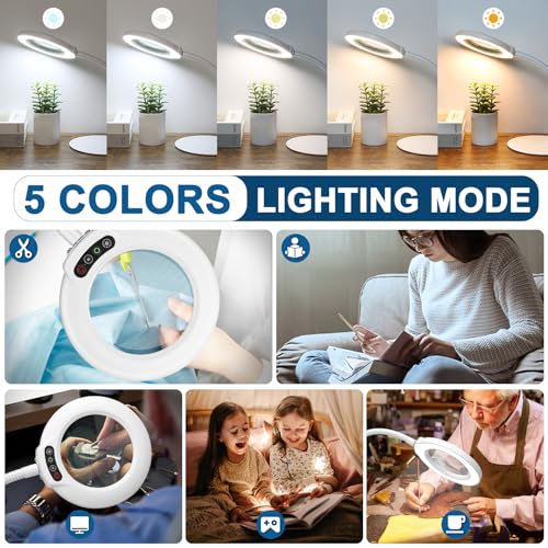 IVMAIE 12X Magnifying Glass with Light, Real Glass Lens, 5 Color Modes Dimmable, Flexible Gooseneck Lighted Magnifier with Stand, LED Desk Lamp Hands Free for Crafts Painting Reading Close Work, White - color: White