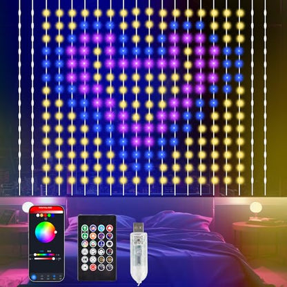 Smart Curtain Lights Outdoor 400LED App Music Timer USB 6.6x6.6FT | App controlled LED curtain lights for bedroom, window, patio, party, wedding and Christmas backdrop