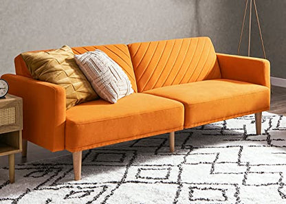 mopio 76.4" Futon Sofa Bed Chevron Styled, Sleeper Couch (Apricot Velvet) | Reclines flat in one motion for overnight visitors; retro tapered legs and a slim build save space. - color: Apricot Velvet