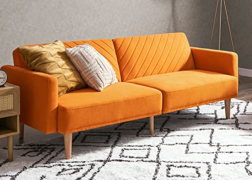 mopio 76.4" Futon Sofa Bed Chevron Styled, Sleeper Couch (Apricot Velvet) | Reclines flat in one motion for overnight visitors; retro tapered legs and a slim build save space. - color: Apricot Velvet