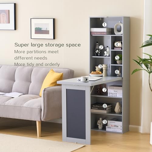 Folding Desk with Storage,Fold Out Convertible Wall Mounted Table,Grey | Space-Saving,Foldable Desk with Blackboard and Shelves, Multi-Function Desk Cabinet , Murphy Desk Home Office Workstation - color: Grey