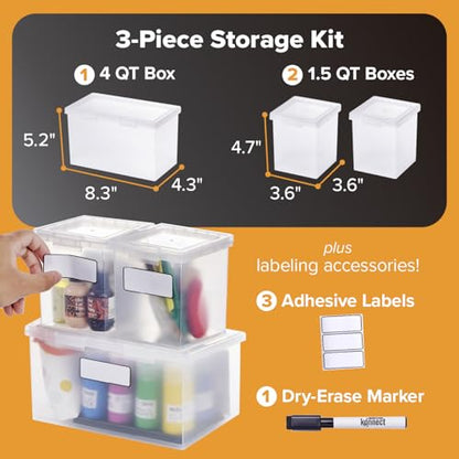 Bostitch Konnect Storage Containers with Lids, Clear Plastic Box, Stackable for Crafts, Home, and Office Organization, Labels, 3-Piece (1 4 Qt Box, 2 1.5 Qt boxes) - size: One 1.5-Qt Box, Two 0.5-Qt Boxes