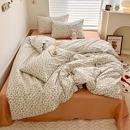 Aesthetic Floral Duvet Cover Twin Cozy Cotton Bedding Set Twin Shabby Chic Green Botanical French Style Duvet Cover Set Off White Comforter Cover with Fresh Flower Pattern, Breathable, Lightweight - color: A Floral, size: Twin(Duvet Cover and 2 Pillows Sh
