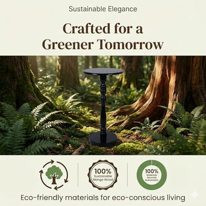 Relso Stambha Solid Wood Drink Table - 24" Tall Round Accent Side Table, Handcrafted Black Finish, Mango Wood, Perfect for Living Room, Bedroom or Indoor Plant Stand, 12" Compact Top - color: Stambha Black