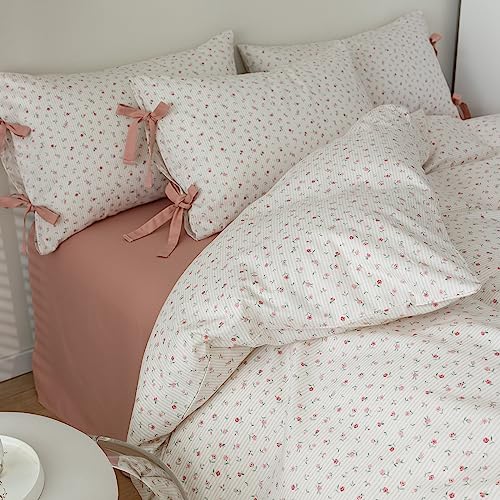 mixinni Soft Aesthetic Floral Print White Duvet Cover Pink Rose Pattern Girls Striped Bedding 1 Duvet Cover 2 Bow Tie Pillowcases Twin Size 100% Cotton with Zipper Ties for Teenage Girls - color: A1 # Bowknot - Pink White Floral/Stripes, size: Twin(68" x