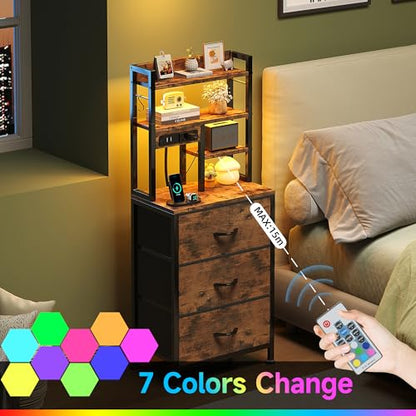 COTUBLR Night Stand, Tall Nightstand with Charging Station and LED Lights, Side Table with 4-Tier Shelves and 3 Fabric Drawers, 45.3" Tall Bedside End Tables for Bedroom, Hallway, Office, Rustic Brown - color: Rustic Brown