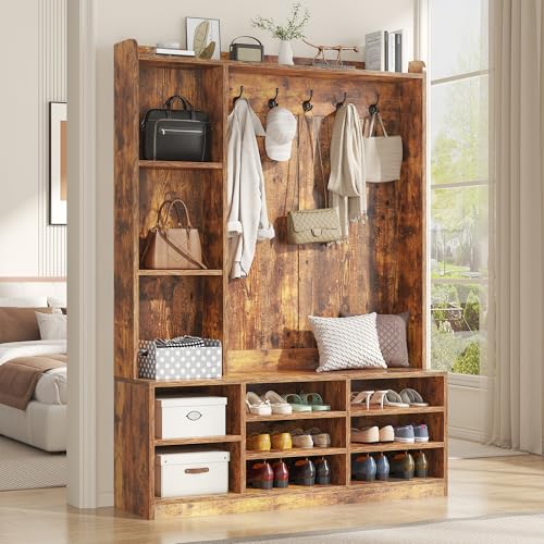 Hall Tree with Storage Bench, 5-in-1 Entryway Bench with Coat Rack, Adjustable Shoe Storage, Hanging Hooks, Shoe Organizer for Entryway,Brown - color: Brown