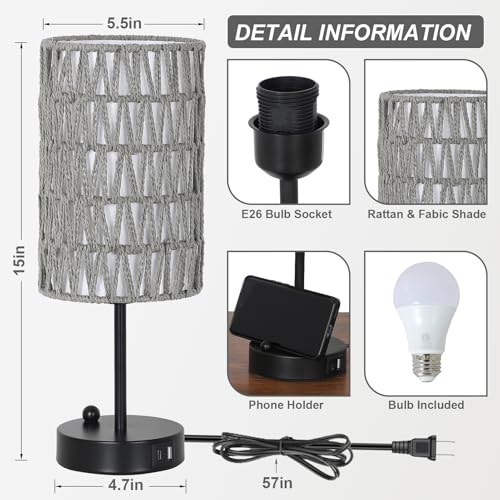 Gray Bedside Lamps Set of 2, Touch Control Night Stand Lamp for Bedroom with Rattan & Linen Shade & Bulbs, 3 Way Dimmable Small Boho Table Lamps with USB Charging Port & Phone Stand - color: Gray-2pack
