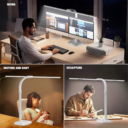 LED Desk Lamp for Home Office - 24W Bright Double Head Desk Light with Clamp Eye Caring Architect Task Light 25 Lighting Modes Adjustable Flexible Gooseneck Lamp (All White) - color: All White