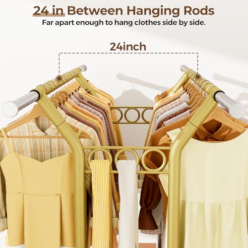 HYSEYY Heavy Duty Clothes Rack, Rolling Clothing Racks With Shelves Load 620 LBS, Double Rod Clothing Racks for Hanging Clothes, Portable& Adjustable Clothes Rack with Wheels Garment Rack,Gold - color: Gold
