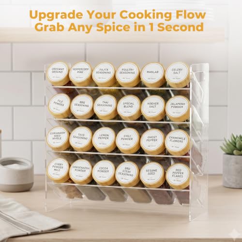 4-Tier Acrylic Spice Rack Organizer with 24 Glass Spice Jars and Wooden Lids, Clear Spice Shelf for Cabinet, Countertop, Pantry, Easy Assembly Seasoning Holder, Compact 11.6" W x 11.4" H