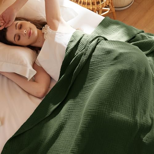 Bedsure 100% Cotton Muslin Throw Blanket Twin XL for Bed - 4-Layer Breathable and Lightweight Soft Gauze Muslin Blankets for Adults, Thin Summer Blanket for College Dorm, Olive Green, 66x90 Inches | Lightweight, Breathable, Soft Gauze Summer Twin Blankets