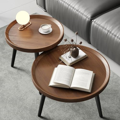 2 PCS Small Round Coffee Table Set, Mid Century Modern Coffee Tables for Living Room, Walnut Nesting Tables for Small Spaces, Easy Assembly Circle Wood Center Table,Black Side/End Table Set of 2,Brown