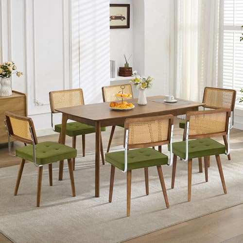 GarveeHome Natural Rattan Dining Chairs Set of 2, Velvet Upholstered Kitchen Chairs with Tall Cane Backrest and Strong Wood Legs for Dining Room, Kitchen, Restaurant, Green - color: Green, size: 2 PCS