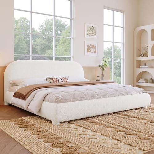 Queen Size Cream Style Fabric Upholstered Bed, Low Profile Platform Bed Frame with Headboard, Rounded Corners Design, Wooden Slats, Noise Free, Easy Assembly - color: Cream, size: Queen
