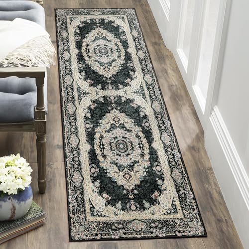 Washable Runner Rug 2x6,Black Rug Runners Non Slip,Long Boho Rugs for Hallways Kitchen Bedroom Entryway Living Room Bathroom,Vintage Bohemian Distressed Floor Carpet,Floral - color: Black, size: 2'x6'