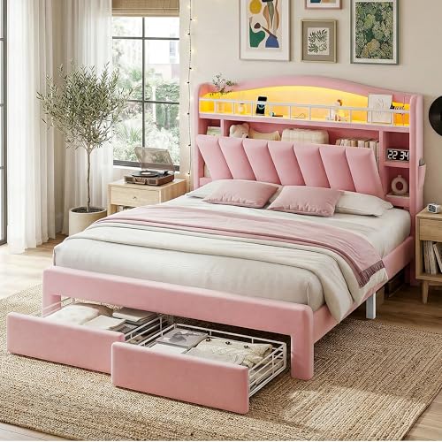 Pink Full Size LED Bed Frame with Storage Headboard, Upholstered Velvet Wood Princess Bed for Girls with 5 Charging Ports (USB-C & AC), Hidden Compartment, Sturdy Aluminum Frame & 2 Silent Drawers - color: Pink, size: Full