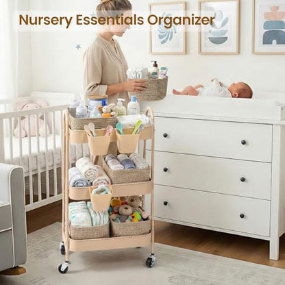 3-Tier Rolling Utility Cart with 4 Woven Baskets, Diaper Book Snack Cart, Storage Organizer for Nursery, Kitchen, Craft Room, Home SPA, Living Room, Metal Frame Trolley on Lockable Wheels, Brown - color: Brown