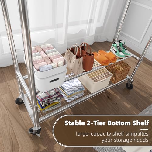 Simple Trending Heavy Duty Clothing Clothes Rack for Hanging, Rolling Double Rod Garment Rack Organizer with Wheels Load 620 LBS, Chrome - size: Double Shelves