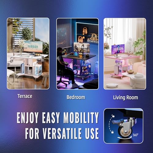 Pamray Small Gaming Desk Rolling Computer Table White | Movable, with Led Lights Power Outlets, with Storage Pegboard and Hook, Sturdy, Suitable for Study Gaming Bedroom Dorm - color: White