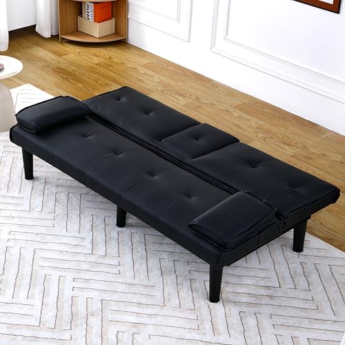 67" Futon Sofa Bed, Convertible Leather Futon Couch (Black) | Sleeper Bed Couches with Adjustable Backrest, Cup Holders, Comfy Folding Loveseat Couch for Small Spaces Living Room Office - color: Black