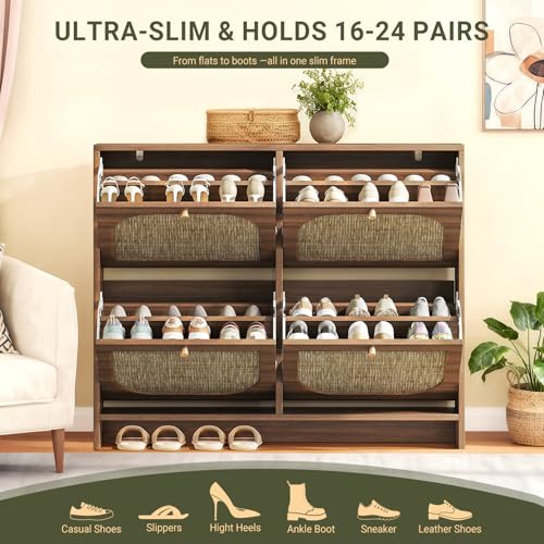 Freestanding Ultra Slim Fluted Accent Shoe Storage Cabinet for Entryway - 4 Flip Drawers & 3-Tier Adjustable Shelves, Farmhouse Modern Rustic Shoe Rack for Hallway, Foyer, Living Room - color: Smoked Oak