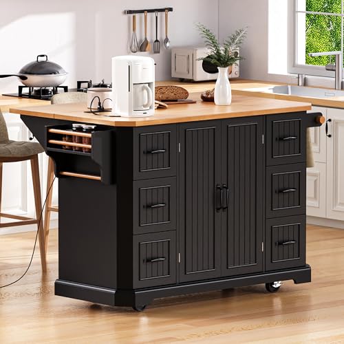 Rustic Rolling Kitchen Island with Drop Leaf, Built-in Charging Station & 6 Deep Drawers, 47" Farmhouse Mobile Cart for Dormitories, Offices, Bedrooms (Black/R1) - color: Black/R1