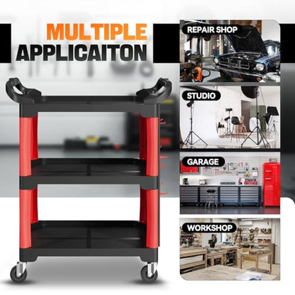 Auto Dynasty 3-Level Rolling Cart 120 kg/260 w/Pegboard, Garage, Black/Red | 3-Tier Rolling Utility Storage Cart, 260Lbs/120Kg Cap, Pegboard & Storage Tray, Steel Frame, for Garage/Warehouse/Workshop - style: with 1 side Pegboard