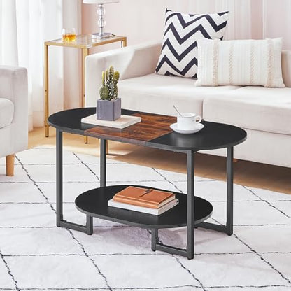 HOOBRO Coffee Table for Living Room, Oval Small Coffee Table with 2-Tier Open Storage Shelf, Industrial Cocktail Tea Table, Wooden Desktop Center Table, Home Office, Rustic Brown and Black BFK09KF01 - color: Rustic Brown and Black